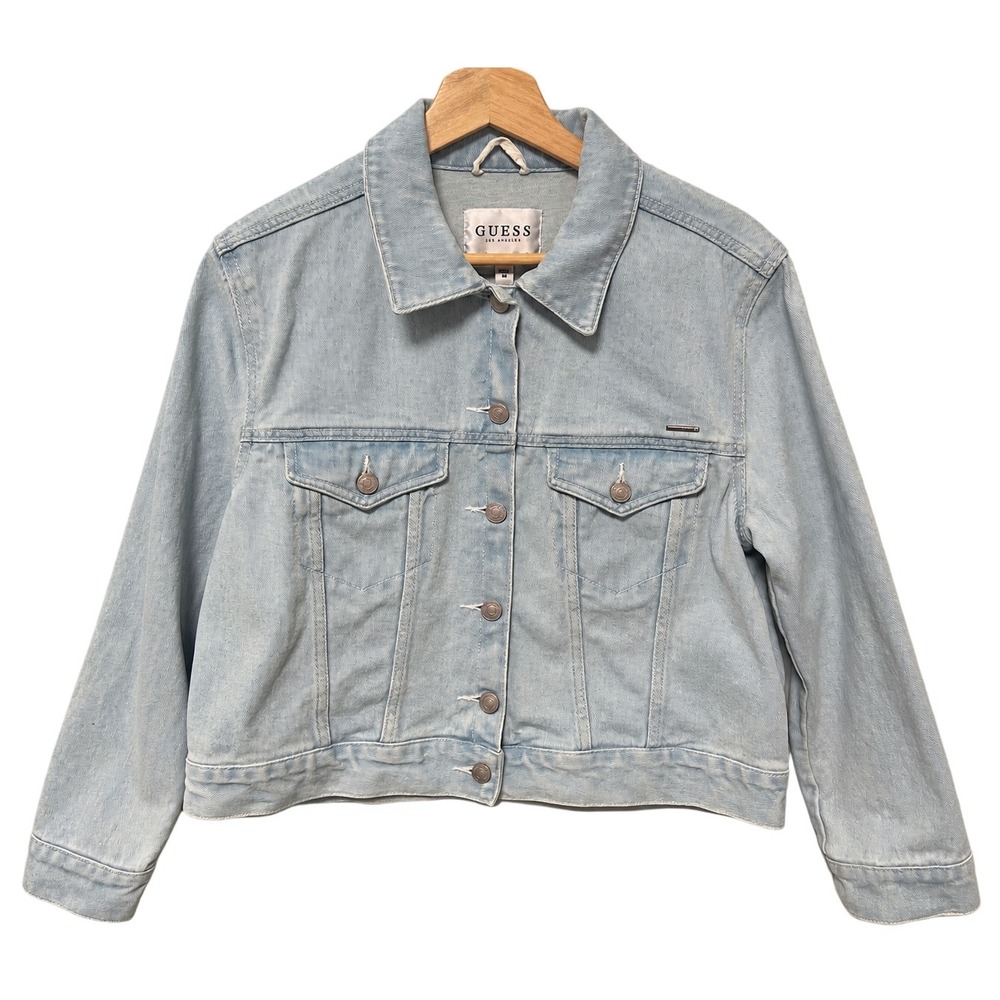 Guess Denim Jacket Womens M Light Blue Pre-owned Beverly Hills Sequin Graphic